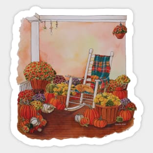 Watercolor Autumn Porch with Flowers, Pumpkins and Butterflies Sticker